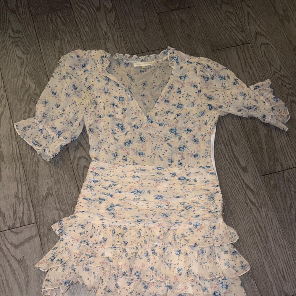 LoveShackFancy Floral Ruffle Dress in Blue and Cream